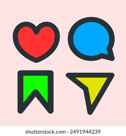 a collection of icons consisting of like, comment, share and save buttons that are suitable for use as a complement to application symbols and logos