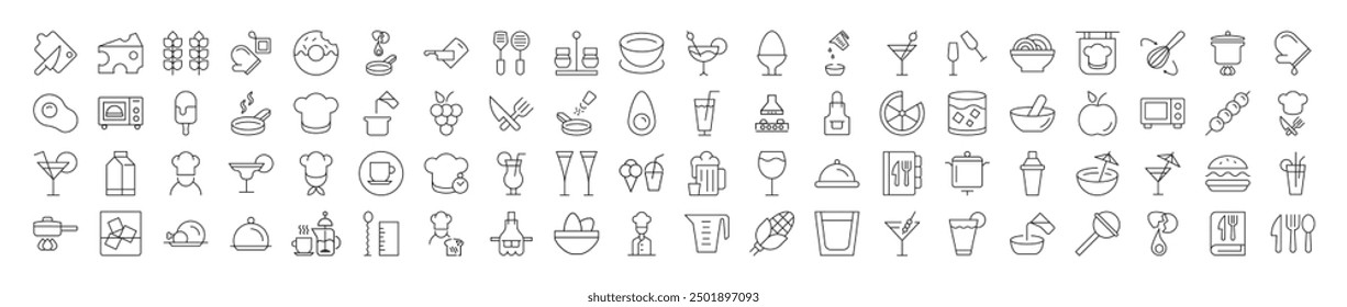 Collection of Icons of cooking, food, drinks, kitchen for Shops and Stores. Suitable for books, stores, shops. Editable stroke in minimalistic outline style. Symbol for design