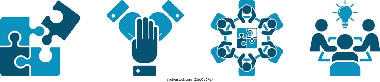 Collection of icons of cooperation, community, work meeting, conference in blue color. Solving problems and finding new innovations. Vector illustration	
