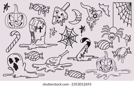 collection of icons Creepy and scary element for Halloween decoration. Silhouette, sketch, icon, sticker. Hand drawn vector illustration - Vector