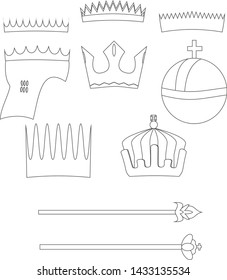 Collection of icons. Crowns, scepters. Black and white set