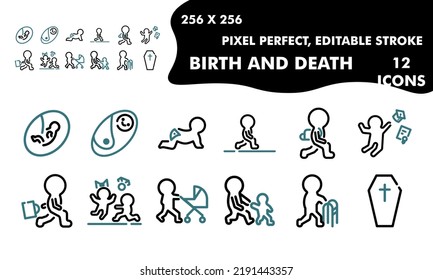 a collection of icons depicting a child, a man, an old man "birth and death." the collection has icons from birth to death in a unique style. icons 256x256 pixel perfect, editable stroke, 12 pieces.