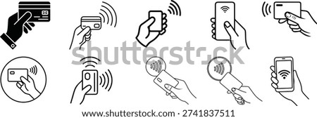 Collection of icons depicting contactless payment. Hand holding credit card or smartphone for secure tap to pay transactions.