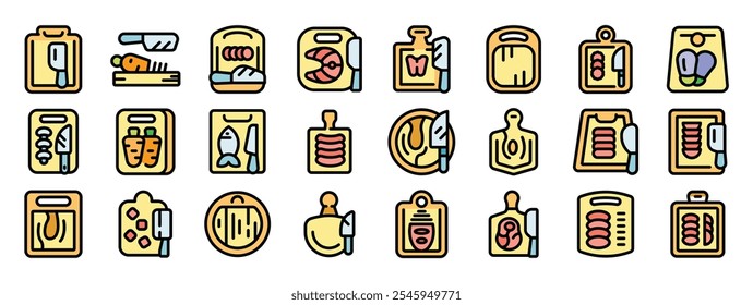 Collection of icons depicting cutting boards with various food items like fish, meat, and vegetables, being prepared with knives