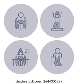 Collection of icons depicting elderly individuals engaged in different activities. Reading, yoga, working on tablet, and walking, highlighting diverse lifestyles