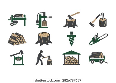A collection of icons depicting firewood processing including axes, logs, saws, splitters, and storage.