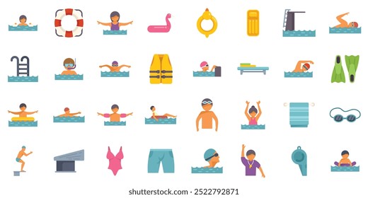 Collection of icons depicting people swimming and having fun in the pool, using various equipment and wearing swimwear