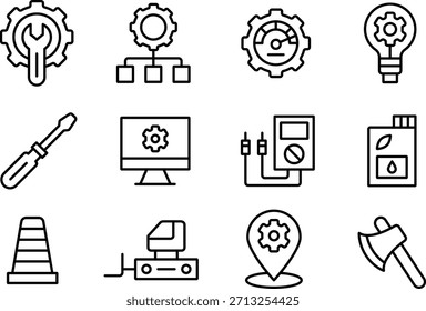 Collection of icons depicting tools and technology isolated on transparent background