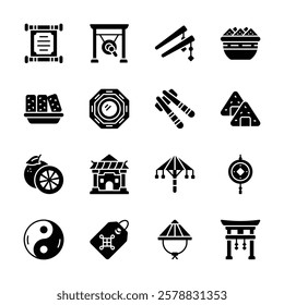 A collection of icons, depicting various aspects of Asian culture and traditions.