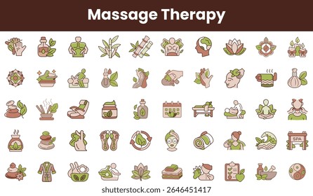 A collection of icons depicting various elements of massage therapy, including hands, plants, and relaxation tools, showcasing the essence of wellness and self-care.