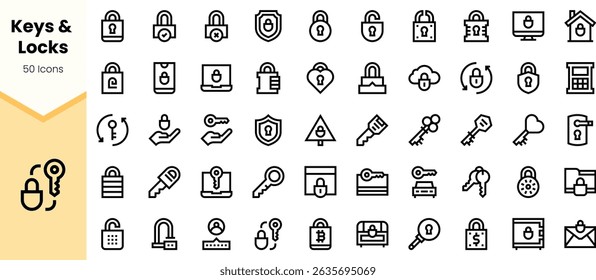 A collection of icons depicting various keys, locks, and security symbols in a modern, minimalist design. Perfect for digital and print security themes.