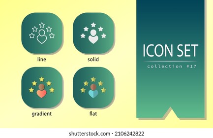 Collection of icons in different styles - line, solid, gradient, flat. User signs with five golden stars for e-business, commerce, websites, dating, social network, shopping. Customer rating review.