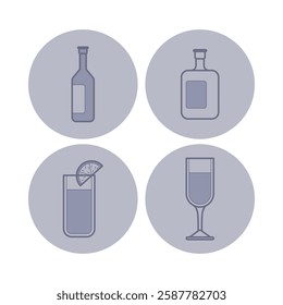 Collection of icons with different types of beverages including bottles, glasses, and cocktails. Food and drink themed designs or menus