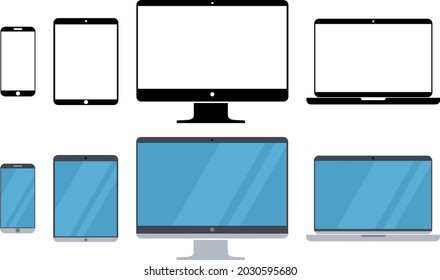 Colección de iconos de los diferentes tipos de terminales (smartphone, tablet, laptop, desktop) en silueta y en versión de diseño plano