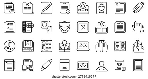 Collection of icons for documents, editing, and office essentials. Includes paper, pen, bag, and computer icons.