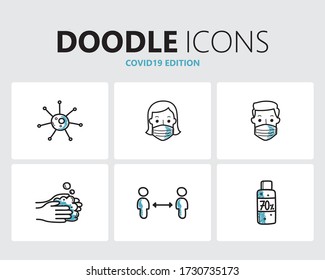 Collection of icons in doodle style. Fine line, fun art. Editable vector. Doodle icons COVID-19 edition.