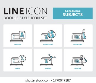 Collection of icons in doodle style. Fine line, fun art. Doodle icons E-learning. Distance Learning icons.