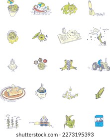 Collection of icons, drawings and illustrations about elotes and esquites traditional Mexican street food.