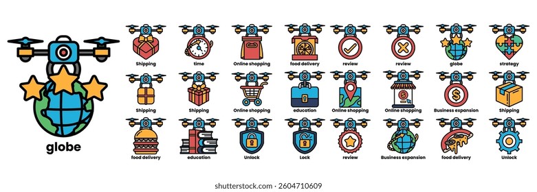 A collection of icons for a drone app. The icons include a camera, a clock, a book, a sandwich, a wallet, a box, a star, a heart, a handbag, a car, a truck, a motorcycle