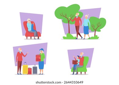 Collection of icons with elderly individuals engaged in different activities, such as relaxing, walking, traveling, and reading. Friendship and leisure concept