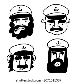 Collection of icons. Faces of captain. Outline vector illustration on white background. 