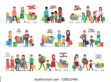 Collection of icons with family. The history of our favorite pleasure of shopping. Families gathered together with carts and goods inside. Vector