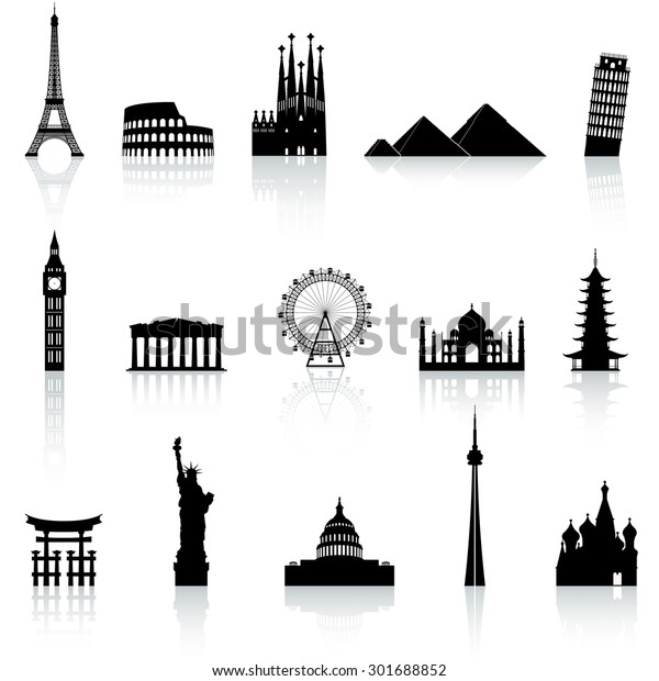 A collection of icons of famous places and\
monuments around the world\
