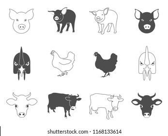 A collection of icons of farm animals. Pig, chicken, cow. Thin line, flat design. A diverse set of vector illustrations on an isolated white background.