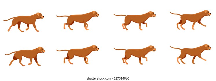 Collection of icons with fast running dogs. Red angry animal with long tail. Animation picture with different creature movements. Actions. Speed. Simple cartoon style. Side view. Flat design. Vector