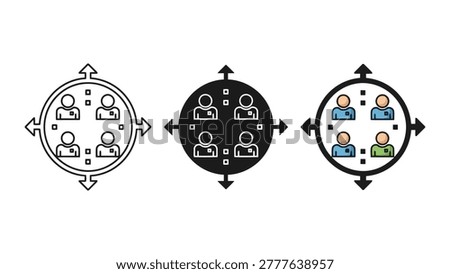 A collection of icons featuring a group of four people inside a circle with outward pointing arrows, representing team management or navigation.