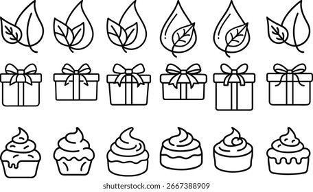 Eine Sammlung von Symbolen mit Blättern, Geschenkboxen und Cupcakes, alles in einem einfachen Linien-Art-Stil. Perfekt für Designs, die einen sauberen, modernen Touch und Stil benötigen.