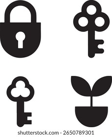 A Collection of Icons Featuring a Padlock, Two Keys, and a Sprout in a Pot Black and White Design