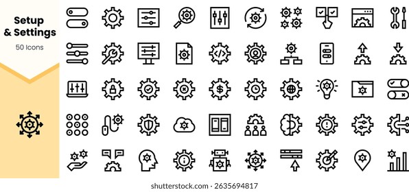 A collection of icons featuring various settings and setup symbols, including gears, sliders, and tools, presented in a minimalist black outline style.