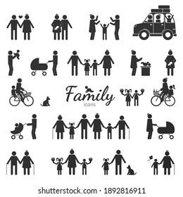 Collection of icons of figures of people isolated on white background. Parents and children, grandparents and pets with them. Family Collection Vector Illustrations
