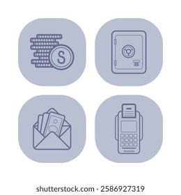 Collection of icons with finance activities. Money, transactions, and security. Business communications concept