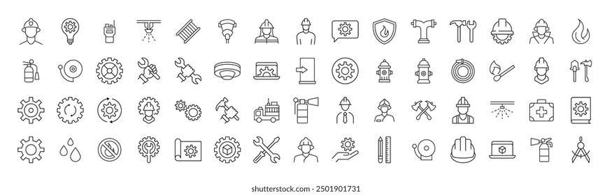 Collection of icons of firefighter, engineer, builder for Advertisement. Suitable for books, stores, shops. Editable stroke in minimalistic outline style. Symbol for design 