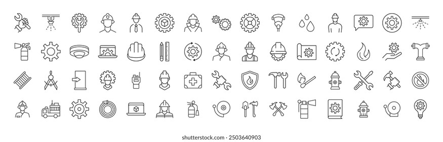 Colección de iconos de bomberos, ingenieros, constructores para tiendas y tiendas. Adecuado para libros, tiendas, tiendas. Trazo editable en estilo de contorno minimalista. Símbolo para el diseño 