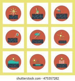 Collection of icons in flat style drought cataclysm