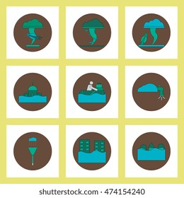 Collection of icons in flat style flood and tornado cataclysms