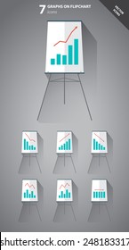 Collection of icons of flipchart with different bar graphs evolution in flat design with long shadow in vector