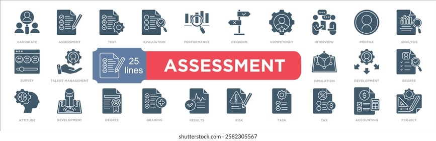 A collection of icons focused on assessment, evaluation, and professional development themes. Ideal for business, education, performance analysis, and decision-making graphical projects.	