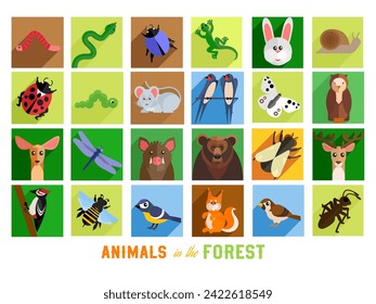 Collection of icons with forest dwellers. Birds, insects and animals of the forest. 