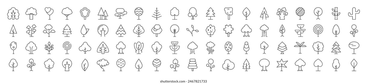 Collection of Icons of Forest, Wood, Trees. Suitable for books, stores, shops. Editable stroke in minimalistic outline style. Symbol for design 