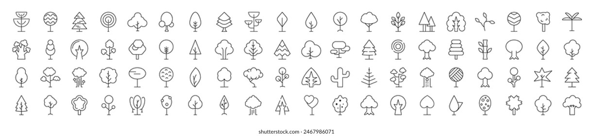 Colección de Iconos de Bosque, Madera, Árboles. Adecuado para libros, tiendas, tiendas. Trazo editable en estilo de contorno minimalista. Símbolo de diseño 