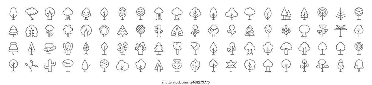 Collection of icons of Forest, Wood, Trees for Advertisement. Suitable for books, stores, shops. Editable stroke in minimalistic outline style. Symbol for design 