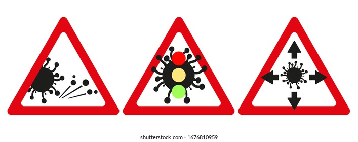 Colección de iconos en forma de advertencia de señales de carretera en un fondo blanco. Conjunto de símbolos de lucha y victoria en el coronavirus 2019-ncov.  Ilustración vectorial EPS10