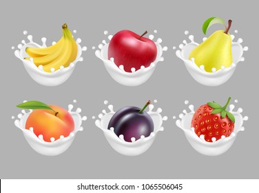 Collection icons of fruit and berries in a milk splash. 3d vector set.