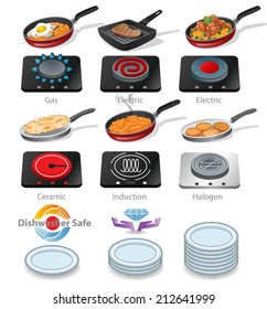 Collection Of Icons Of A Frying Pan With Tasty Food And  Electric And Gas Hob With Different Surfaces