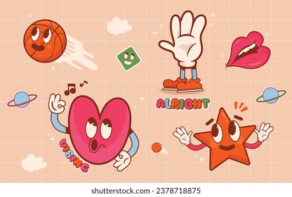 Colección de iconos con divertidos elementos retro gráficos de bolas, estrellas, labios y formas de amor. ilustración de lindos stickers de dibujos animados en un fondo rosado.