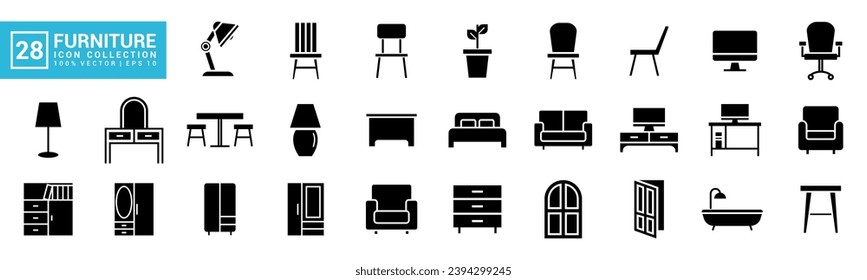 Collection of icons for furniture, home interior, living home, office, kitchen, bathroom, editable and resizable EPS 10